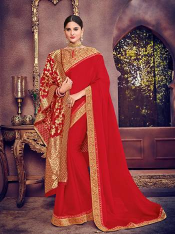 Wear this red color bright georgette saree. Ideal for party, festive & social gatherings. this gorgeous saree featuring a beautiful mix of designs. Its attractive color and heavy designer silk saree, stone design, beautiful floral design Saree along with silk jacquard dupatta work over the attire & contrast hemline adds to the look. Comes along with a contrast unstitched blouse.