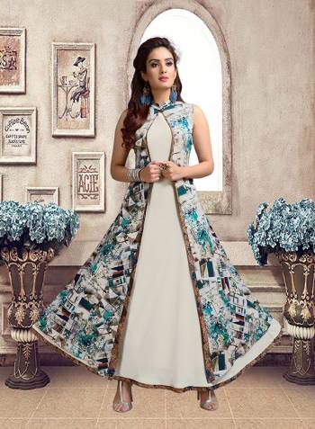 Jacket Patterned Designer Readymade Kurti Is Here In White And Multi Color. Its Pretty Jacket Is Beautified With Digital prints All Over. Buy Now.