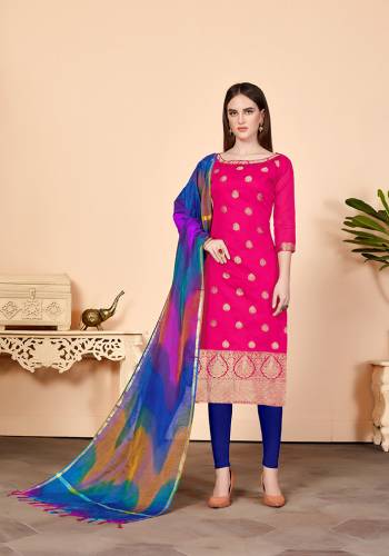 Shine Bright Wearing This Suit In Rani Pink Colored Top Paired With Contrasting Royal Blue Colored Bottom And Multi Colored Dupatta. Its Top Is Fabricated On Jacquard Silk Paired With Cotton Bottom And Banarasi Art Silk Dupatta. Get This Stitched As PerYour Desired Fit And Comfort.