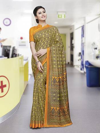 Here Is Very Pretty Printed Saree Fabricated On Satin Silk Paired With Running Blouse, This Pretty Formal Printed Saree Is Best Suitable For Your Work Place As It Is Light Weight And Esnures Superb Comfort All Day Long. Also It Can Be Used As Uniform At Different Places Like Airports, Hospitals And Hotels. Buy Now