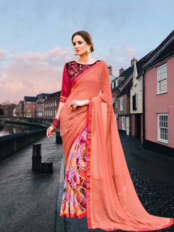 Look Pretty Wearing This Saree In Peach Color Paired With Contrasting Magenta Pink Colored Blouse. This Saree Is Fabricated On Georgette Beautified With Prints Paired With Art Silk Fabricated Blouse Beautified With Embroidery.