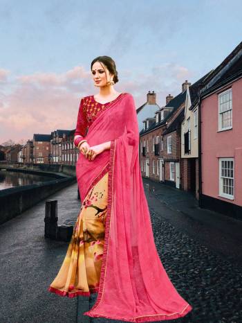 Look Pretty wearing This Pink And Beige Colored Saree Paired With Dark Pink Colored Blouse. This Saree Is Fabricated On Georgette Paired With Art Silk Fabricated Blouse. It Has Prints Over The Saree And Embroidered Blouse.