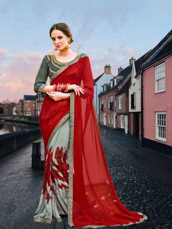 Get Ready For The Next Party At your Place With This Designer Saree In Red And Grey Color Paired With Dark Grey Colored Blouse. This Saree Is Fabricated On Georgette Paired With Art Silk Fabricated Blouse. Its Color And Fabrics Will Earn You Lots Of Compliments From Onlookers.