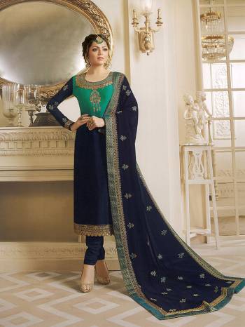 Pretty Cool Color Pallete Is Here With This Designer Straight Suit In Sea Green And Navy Blue Colored Shaded Top Paired With Navy Blue Colored Bottom And Dupatta. Its Top Is Fabricated On Satin Georgette Paired With Santoon Bottom And Georgette Fabricated Dupatta. Buy This Attractive Shaded Suit Now.