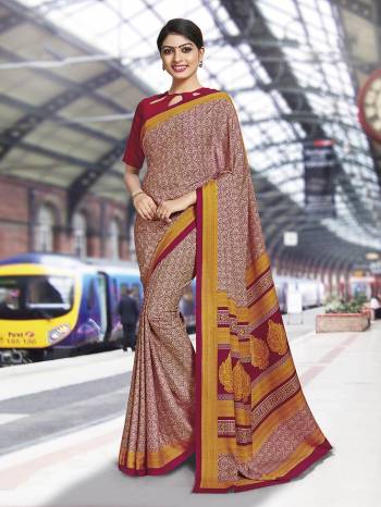 No More Worry For What To Wear At Your Place, Grab This Poly Cotton Fabricated Saree And Blouse Beautified With Prints All Over. This Saree Can Be Used As Uniform At Different Places Like Airports, Hospitals And Hotels