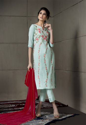 Very Pretty Shade Is Here With This Designer Straight Suit In Aqua Blue Color Paired With Contrasting Red Colored Dupatta. Its Top Is Fabricated On Cotton Linen Paired With Cotton Bottom And Chiffon Fabricated Dupatta. Its Pretty Top Is Beautiifed With Contrasting Embroidery Which Earns You Lots Of Compliments From Onlookers. 