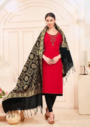 For A Bold And Beautiful Look, Grab This Designer Dress Material In Red Colored Top Paired With Black Colored Bottom And Dupatta. Its Top Is Fabricated On Cotton Slub Beautified With Hand Work Paired With Cotton Fabricated Bottom And Banarasi Art Silk Dupatta. 