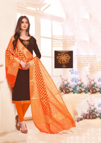 Pretty Festive Look Is Here With This Dress Material Which You Can Get This Stitched As Per Your Desired Fit And Comfort. Its Top Is In Brown Color Paired With Contrasting Orange Colored Bottom And Dupatta. Its Top Is Fabricated On Cotton Slub Paired With Cotton Bottom And Banarasi Art Silk Dupatta. All Its Fabrics Are Light Weight And Easy To Carry All Day Long. 