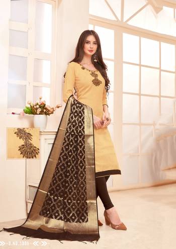 Simple And Elegant Looking Designer Dress Material Is Here In Beige Colored Top Paired With Dark Brown Colored Bottom And Dupatta. Its Hand Embroidered Top IS Fabricated On Cotton Slub Paired With Cotton Bottom And Banarasi Art Silk Dupatta. 