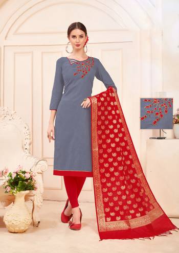 Quite Unique Color Pallete Is Here With This Designer Straight Suit In Grey Color Paired With Contrasting Red Colored Bottom And Dupatta. Its Hand Embroidered Top Is Fabricated On Cotton Slub Paired With Cotton Bottom And Banarasi Art Silk Dupatta. 