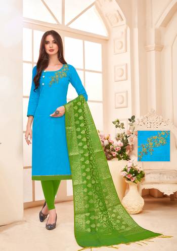 Beat The Heat This Summer With Some Cool And Bright Colors. Grab This Dress Material In Blue Colored Top Paired With Contrasting Parrot Green Colored Bottom And Dupatta. Its Hand Embroidered Top Is Cotton Slub Based Paired With Cotton Bottom And Banarasi Art Silk Dupatta. Buy This Suit Now.