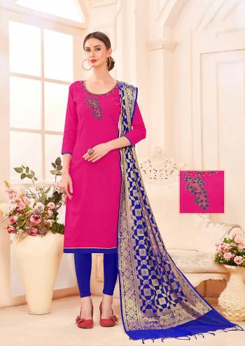 Bright And Visually Appealing Color Is Here With This Designer Straight Suit In Dark Pink Colored Top Paired With Royal Blue Colored Bottom And Dupatta. Its Hand Embroidered Top Is Fabricated On Cotton Slub Paired With Cotton Bottom And Banarasi Art Silk Dupatta. Buy This Dress Material Now.