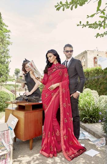 Simple And Elegant Looking Designer Saree Is Here In Crimson Red Color Paired With Crimson Red Colored Blouse. This Saree Is Fabricated On Georgette Paired With Art Silk Fabricated Blouse. Its Saree Border Is Beautified With Heavy Embroidery And Butti All Over.