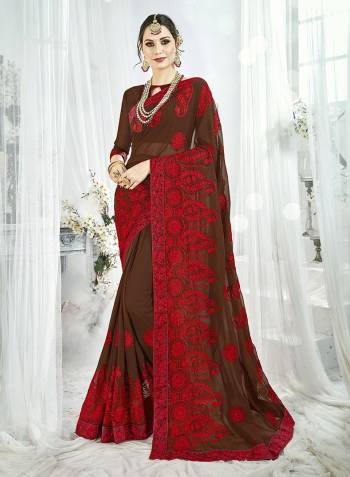 Celebrate This Festive Season With Beauty And Comfort Wearing This Designer Saree In Brown Color. This Saree And Blouse Are Fabricated On Georgette Beautified With Contrasting Resham Embroidery All Over. Buy Now.