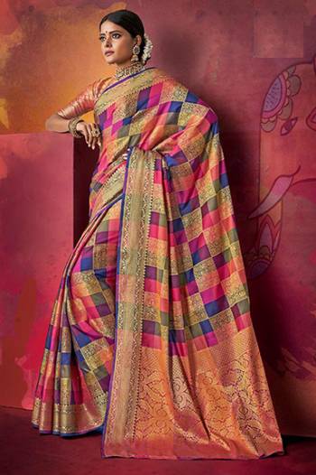 Go Colorful With This Designer Silk Based Saree In Multi Color Paired With Dark Peach Colored Blouse. This Saree And Blouse Are Fabricated On Art Silk beautified With Attractive Weave In Checks Pattern. Buy Now.