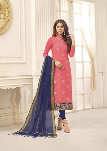 Celebrate This Festive Season With Beauty And Comfort Wearing This Cotton Based Dress Material In Pink Color Paired With Contrasting Royal Blue Colored Bottom And Dupatta. Its Dupatta Is Fabricated On Art Silk. Buy This Suit Now.