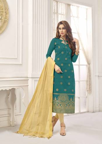 Simple And Elegant Looking Straight Suit Is Here In Blue Colored Top Paired With Cream Colored Bottom And Dupatta. This Dress Material Is Cotton Based Paired With Art Silk Fabricated Dupatta. Get This Stitched As Per Your Desired Fit And Comfort. 