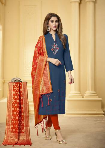 Enhance Your Personality Wearing This Designer Straight Suit In Blue Colored Top Paired With Contrasting Orange Colored Bottom And Dupatta. This Dress Material Is Cotton Based Paired With Banarasi Jacquard Fabricated Dupatta. Buy Now.