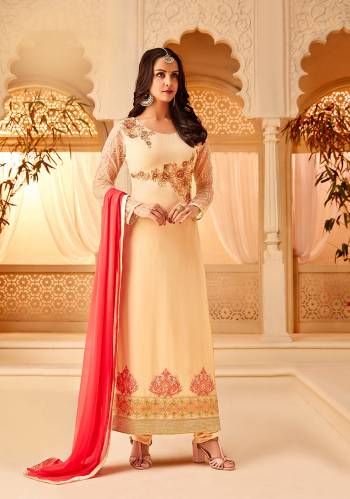 Simple And Elegant Looking Designer Straight Suit Is Here In Cream Color Paired With Dark Pink Colored Dupatta. Its Pretty Embroidered Top Is Georgette Based Paired With Santoon Bottom And Chiffon Fabricated Dupatta. Buy Now.