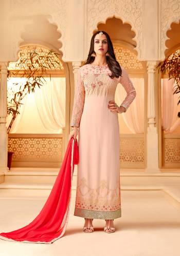 Look Pretty In This Designer Embroidered Straight Suit In Baby Pink Color Paired With Contrasting Red Colored Dupatta. Its Top IS Fabricated On Georgette Beautified With Heavy Embroidery Paired With Santoon Bottom And Chiffon Fabricated Dupatta. Buy Now.