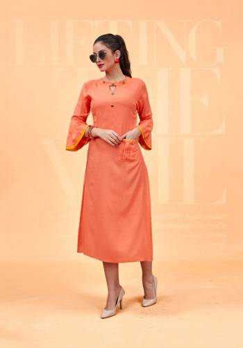 Add This Beautiful Designer Readymade Kurti To Your Wardrobe In Orange Color Fabricated On Rayon. This Straight Kurti With High Neck Pattern Gives A Rich Look To Your Personality. Buy Now.