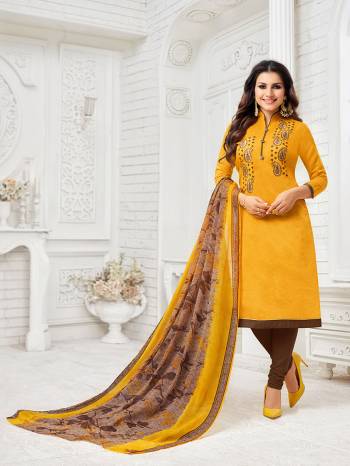 Celebrate This Festive Season With Beauty And Comfort Wearing This Designer Straight Suit In Musturd Yellow Colored Top Paired With Brown Colored Bottom And Brown And Yellow Colored Dupatta. Its Embroidered Top Is Fabricated On Modal Silk Paired With Cotton Bottom And Chiffon Fabricated Dupatta. Buy This Dress Material Now.