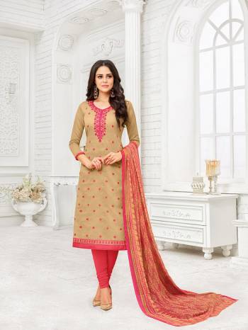 Simple And Elegant Looking Designer Suit Is Here In Beige Colored Top Paired With Dark Pink Bottom and Beige And Pink Colored Dupatta. Its Top Is Fabricated On Modal Silk Paired With Cotton Bottom And Chiffon Fabricated Dupatta. Buy This Dress Material And Get This Stitched As Per Your Desired Fit And Comfort.