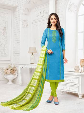 Add This Beautiful Dress Material To Your Wardrobe And Get This Stitched As Per Your Desired Fit And Comfort. This Dress Material Has Pretty Cool Color Pallete In Sku Blue And Green. Its Top Is Fabricated On Modal Silk Paired With Cotton Bottom And Chiffon Fabricated Dupatta. 