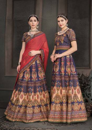 Go Colorful With This Designer Two In One Lehenga Which You Make It As Floor Length Suit Or Lehenga. Its Pretty Blouse And Lehenga are Fabricated On Heritage Art Silk Paired With Chiffon Fabricated Dupatta. It Is Beautified With Digital Prints And Stone Work. Buy This Designer Piece Now.