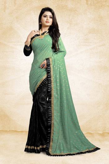 Here Is A Beautiful Designer Saree For The Next Party You Attend. Grab This Designer Saree In Green And Black Color Paired With Black Colored Blouse, This Saree Is Fabricated On Linen And Fancy Fabric Paired With Art Silk Fabricated Blouse. It Has Pretty Fancy Work And Frill Lace Border. 