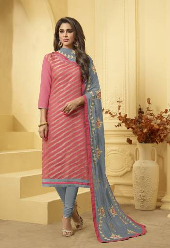 Look Pretty In This Designer Dress Material In Pink Colored Top Paired With Contrasting Grey Colored Bottom And Dupatta. Its Top Is Jacquard Silk Fabricated Paired With Cotton Bottom And Chiffon Fabricated Dupatta. Buy Now.