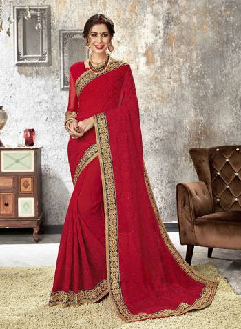 Grab This Beautiful Designer Saree For The Upcoming Festive And Wedding Season In This Designer Red Colored Saree Paired With Red Colored Blouse. This Heavy Embroidered Saree Is Fabricated On Chiffon Paired With Art Silk Fabricated Blouse. Its Pretty Tone To Tone Embroidery Gives A Rich And Subtle Look To Your Personality. 