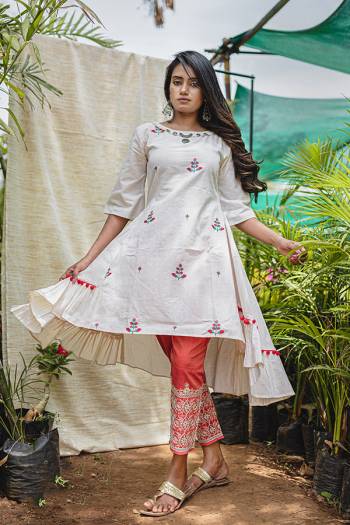 Beat The Heat This Summer Wearing This Designer Readymade Indo Western Pair Of Kurti And pants. This Whole Set Is Khadi Based Beautified With Prints And Thread Embroidery. It Is Available In Sizes, Choose As Per Your Desired Fit And Comfort. 