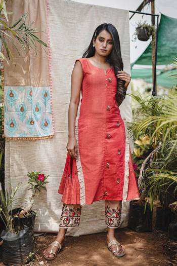 Beat The Heat This Summer Wearing This Designer Readymade Indo Western Pair Of Kurti And pants. This Whole Set Is Khadi Based Beautified With Prints And Thread Embroidery. It Is Available In Sizes, Choose As Per Your Desired Fit And Comfort. 