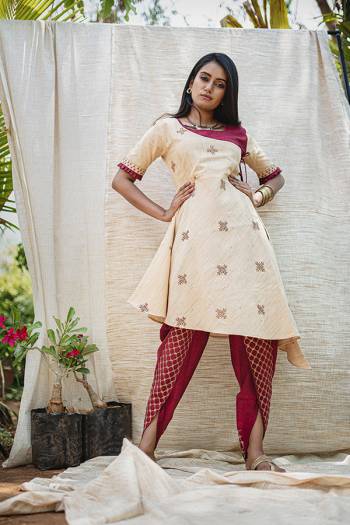 Beat The Heat This Summer Wearing This Designer Readymade Indo Western Pair Of Kurti And pants. This Whole Set Is Khadi Based Beautified With Prints And Thread Embroidery. It Is Available In Sizes, Choose As Per Your Desired Fit And Comfort. 