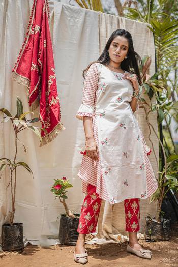 Follow This Amazing Trend Of Designer Readymade Pair Of Kurti And Pants. Its Both Top And Bottom Are Fabricated On Khadi Beautified With Prints And Thread Embroidery. It Is Light In Weight And Easy To Carry All Day Long. Buy Now.