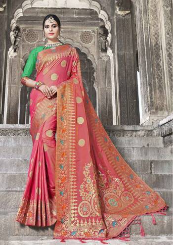 This Festive Season Look The Most Elegant Of All Wearing This Designer Silk based Saree Beautified With Weave. This Banarasi Art Silk Saree Is Light Weight, Durable And Easy To Carry Throughout The Gala