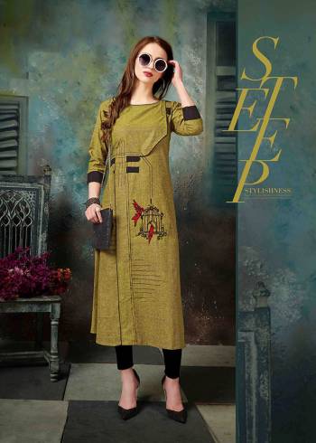 New Shade Is Here To Add Into Your Wardrobe With This Designer Readymade Kurti In Olive Green Color Fabricated On Khadi Cotton. It Has Unique Pattern With Pretty Thread Embroidery. 