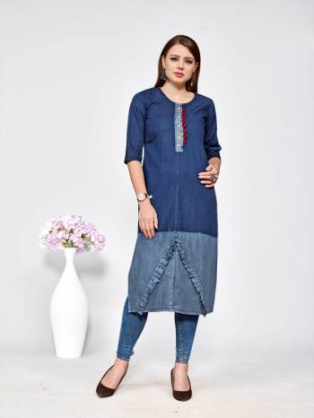 Adorn A Trendy Look With This Designer Kurti In Blue Color Fabricated On Denim Cotton. It Is Beautified With Cut Work And Available In All Sizes. This Kurti Is Light In Weight And Easy To Carry All Day Long. You can Pair This Up With Denim Or Leggings As Per Your Comfort. 