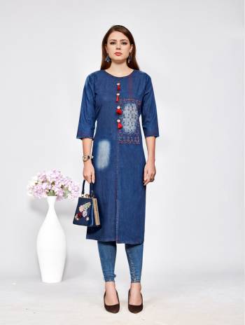 Adorn A Trendy Look With This Designer Kurti In Blue Color Fabricated On Denim Cotton. It Is Beautified With Cut Work And Available In All Sizes. This Kurti Is Light In Weight And Easy To Carry All Day Long. You can Pair This Up With Denim Or Leggings As Per Your Comfort. 