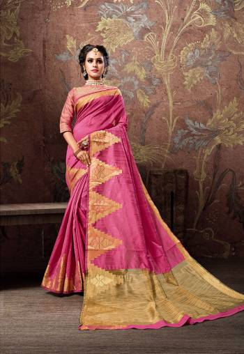 Look Pretty In This Designer Silk Based Saree In Pink Color Paired With Gold And Pink Colored Blouse.This Saee And Blouse Are Cotton Silk Based Beautified With Bold Weave Motifs. Buy This Saree Now.