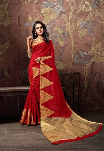 Adorn The Pretty Angelic Look Wearing This Designer Silk Based Saree In Red Color Paired With Gold And Red Colored Blouse. This Saree And Blouse are Fabricated On Cotton Silk Beautified With Weave Over The Border. 