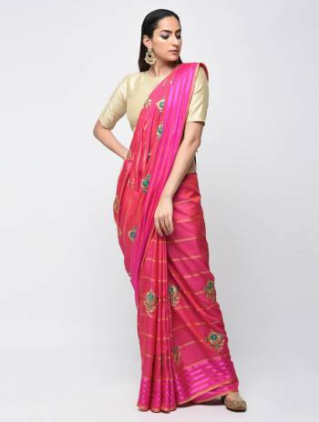 Shine Bright In This Designer Dark Pink Colored Saree Paired With Cream Colored Blouse. This Saree And Blouse Are Fabricated On Art Silk Beautified With Attractive Embroidered Butti. 