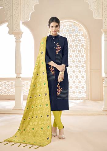 Enhance Your Personality Wearing This Designer Straight Suit In Navy Blue Colored Top Paired With Contrasting Yellow Colored Bottom And Dupatta, Its Top Is Fabricated On Cotton Slub Paired With Cotton Bottom And Banarasi Jacquard Dupatta. Its Rich Fabric And Color Will Earn You Lots Of Compliments From Onlookers. 