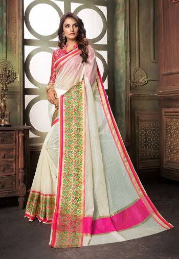 Here Is A Very Pretty Designer Saree For The Upcoming Festive And?Wedding Season. Grab This Pretty Saree In White Color Paired With Dark Pink Colored Blouse. This Saree Is Fabricated On Cotton Silk Paired With Art Silk Fabricated Blouse. Buy This Saree Now