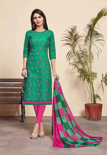 Simple And Elegant Looking Dress Material Is Here In Sea Green Colored Top Paired With Dark Pink Colored Bottom And Dark Pink & Green Colored Dupatta. Its Top Is Fabricated On Jacquard Silk Paired With Cotton Bottom And Chiffon Fabricated Dupatta. Buy This Pretty Dress Material Now.