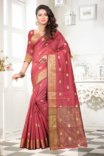 Celebrate This Festive Season With Beauty And Comfort Wearing This Designer Saree In Onion Pink Color Paired With Onion Pink Colored Blouse. This Saree And Blouse Are Fabricated On Art Cotton Silk Beautified With Weave. It Is Light Weight And easy To Drape. 