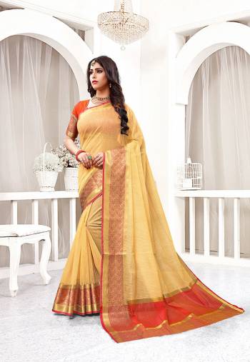Flaunt Your Rich And Elegant Taste Wearing This Designer Silk based Saree In Cream Color Paired With Orange Colored Blouse. This Saree And Blouse Are fabricated On Cotton Silk Beautified With Attractive Weave. 
