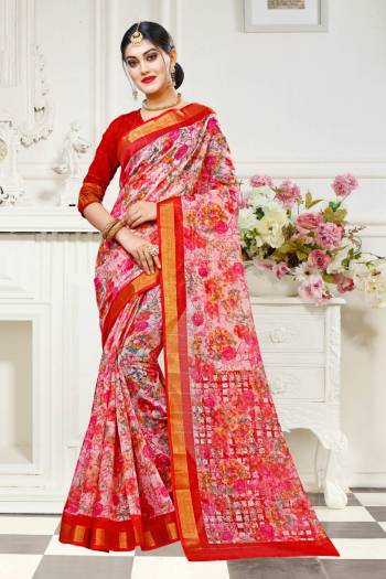Simple Saree Is Here For Your Casual Wear In Multi Color Paired With Red Colored Blouse. This Saree And Blouse are Fabricated On Cotton Silk Beautified With Floral Prints All Over. 