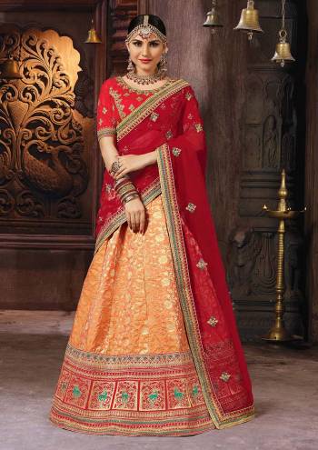 Celebrate This Festive And Weddding Seaosn With Beauty With This Designer Lehenga Choli In Red Colored Blouse Paired With Orange Colored Lehenga And Maroon Colored Dupatta. Its Blouse Is Fabricated On Art Silk Paired With Banarasi Jacquard Silk Lehenga And Net Fabricated Dupatta. 